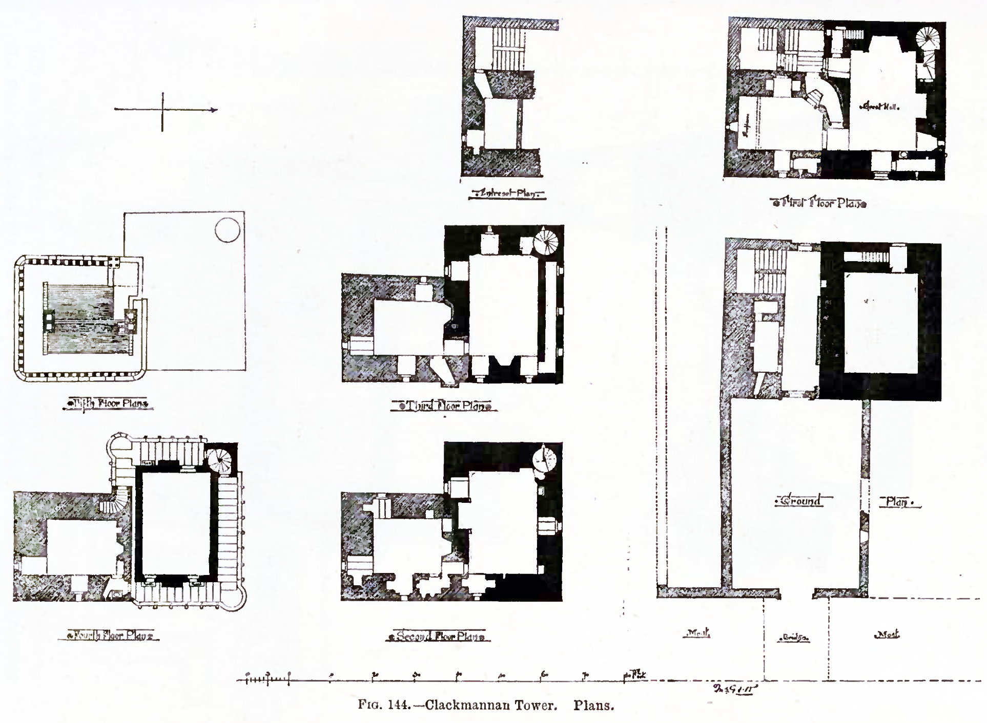 Architectural floor plans for each level of Clackmannan Tower