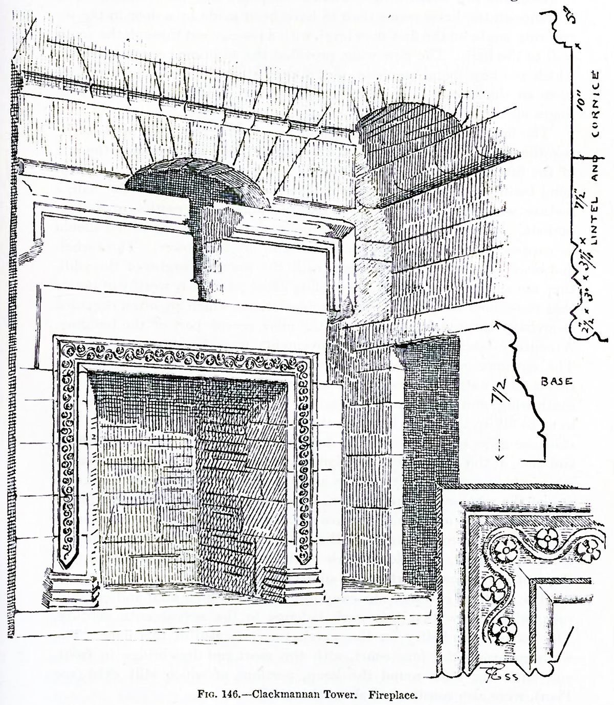 Architectural drawing and measurements of the Great Hall carved fireplace