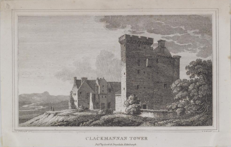 Vintage monochrome engraving of Clackmannan Tower and former adjoining mansion