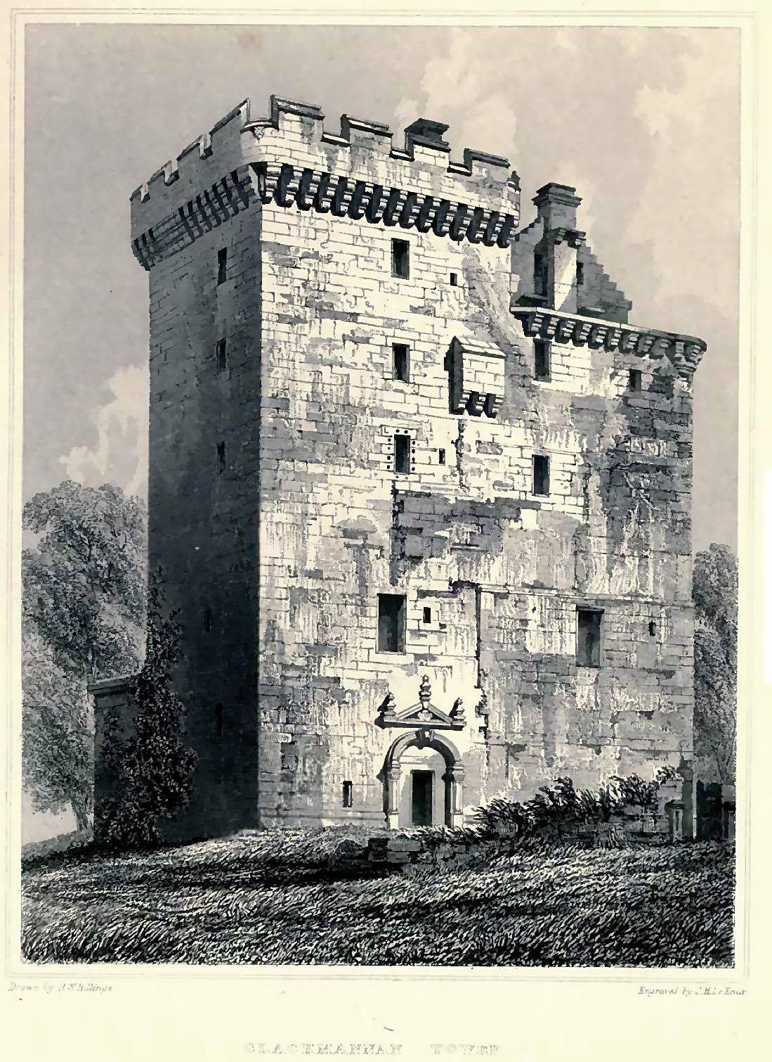 Detailed historic steel engraving of Clackmannan Tower